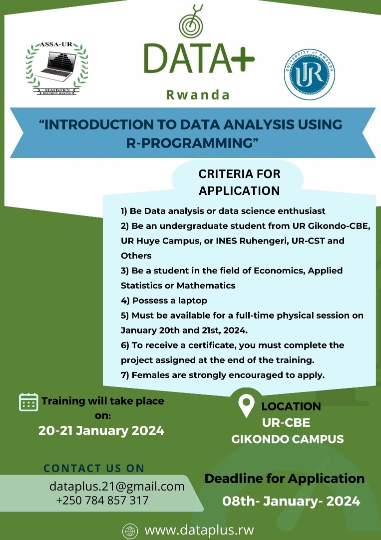 _Applied_ASSA's tweet photo. Another opportunity for University students in Rwanda to improve their data analysis skills. @Dataplus &amp; @ASSA are inviting you to a practical data analysis training using R-Programming introduction level. Don’t miss
#Dataanalysistraining
#Dataplus
#ASSA https://t.co/jCmpLA8NXS