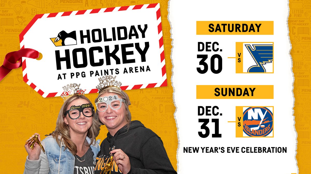 Before the ball drops, be here for puck drop with 2 games in 2 days at @PPGPaintsArena! It’ll be a ‘party on 5th Ave’ all weekend long. 🎶🎉 Bring your New Year’s cheers: pens.pe/41Iru1x