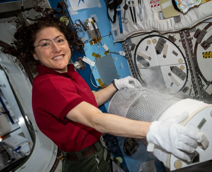 Expedition 60 Flight Engineer Christina Koch conducts science operations inside Japan's Kibo laboratory module on the International Space Station