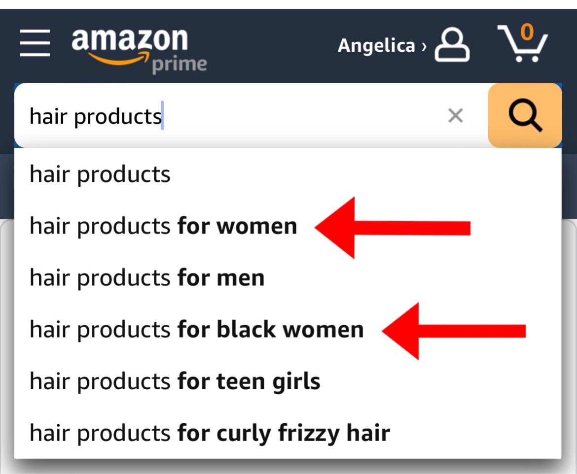 Angel Jones, PhD (@angeljonesphd) on Twitter photo “Whiteness” doesn’t just refer to white people. It refers to white being treated as the standard to which everything else is measured. An example is having to use “Black” as a qualifier in searches. As Amazon shows, there are “women” (ie white) and then there are “Black women.” “Whiteness” doesn’t just refer to white people. It refers to white being treated as the standard to which everything else is measured. An example is having to use “Black” as a qualifier in searches. As Amazon shows, there are “women” (ie white) and then there are “Black women.”