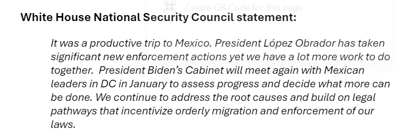 Mexico has taken 'significant new enforcement actions' to reduce migration to the U.S. border, according to the White House, which called yesterday's meeting in Mexico City between top U.S. and Mexican officials 'productive.' Officials will meet again in D.C. in January.