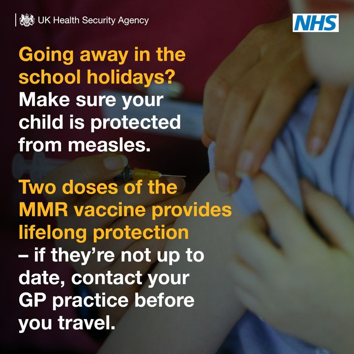 UKHSA's tweet photo. If you’re planning to travel abroad during the school holidays, make sure to check your child is up to date with their vaccinations, including the #MMR vaccine. Contact your GP practice to book any catch up jabs before you travel ✈🚢🚉 https://t.co/qmVZi1gNV8