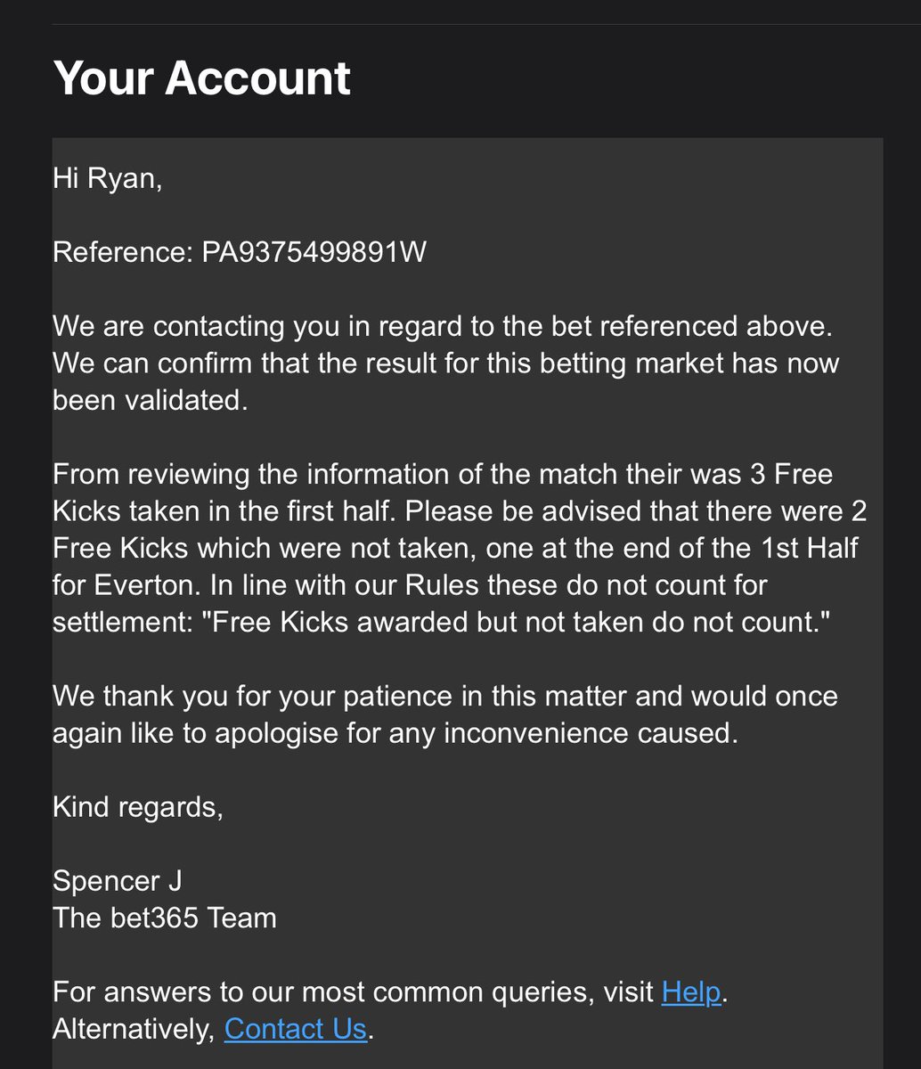 _robo14_'s tweet photo. Robbing fuckers @bet365 @OptaJoe @OptaAnalyst - you should be ashamed, a free kick was awarded but because it never got took, it doesn’t count 😂
Honestly disgusting, a free kick awarded is a free kick whether it’s taken or not. 

Have a word @SkyBet @paddypower with these mongs https://t.co/Al1gOe2mXq