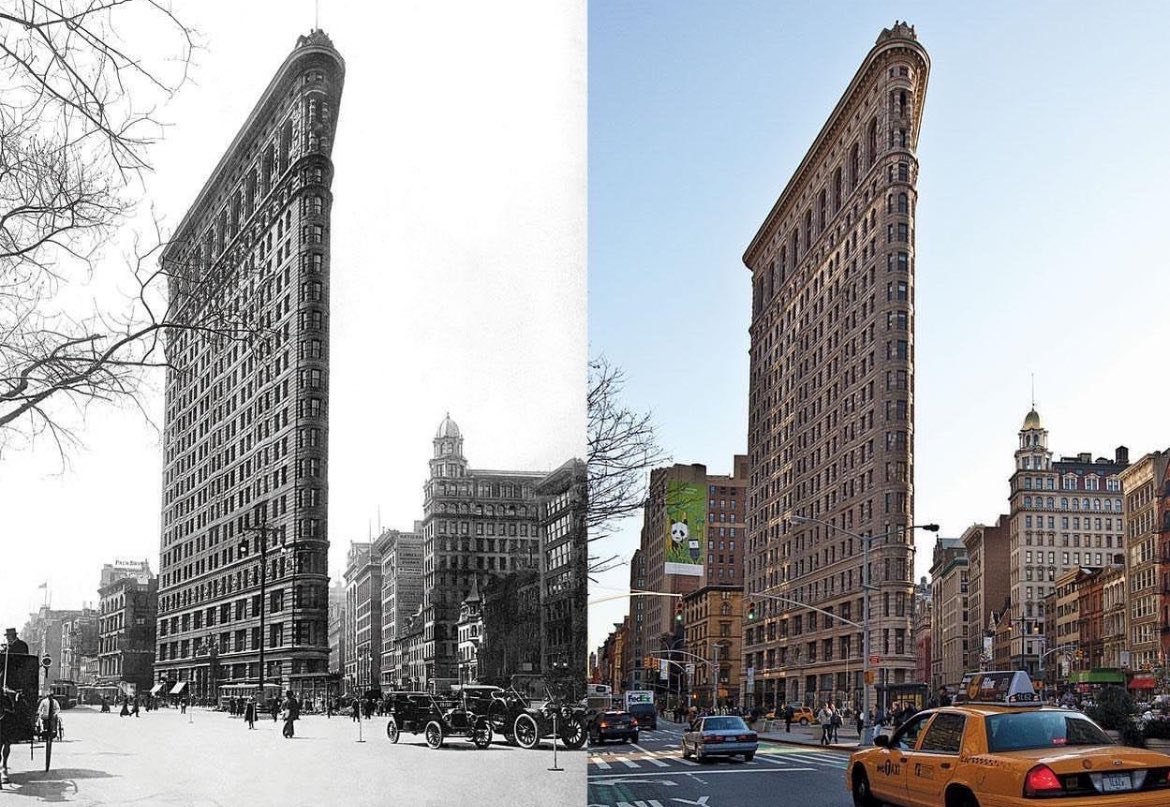 Flatiron building in NYC, 1917 to 2012. This building, constructed in 1902, was a notable skyscraper in New York City, being one of the first two buildings north of 14th Street (the other being the Metropolitan Life Insurance Company Tower). Standing at 285 feet and boasting 20