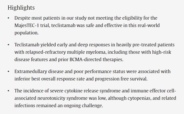 Hot off press: RWE of Safety & Efficacy of Teclistamab in #RRMM🙌👏🙏 ➡️N=106, 42% EMD, 59% HR, 53% prior BCMA, 82% trial ineligible ➡️ORR 66%, CR 30%, mPFS 5.4m, 12m OS ~65% ➡️CRS (65%/1%), ICANS (14%/3%), infections 30%, IVIG 42%, Toci 42% sciencedirect.com/science/articl…