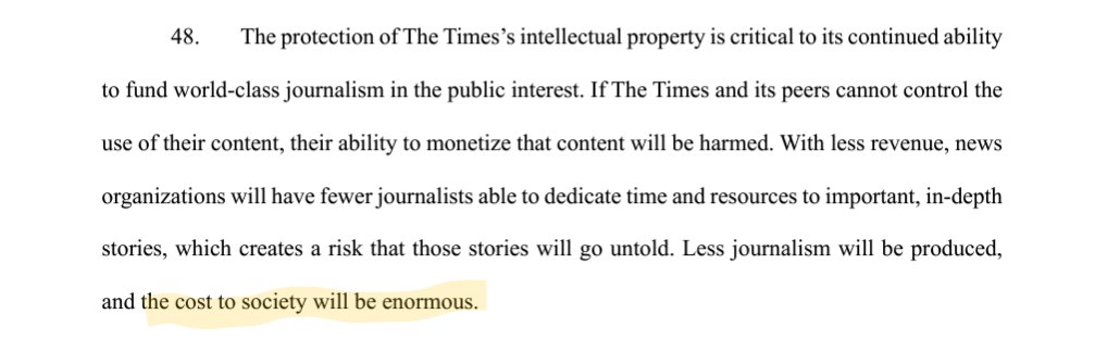 Marie_Haynes's tweet photo. The New York Times is suing Microsoft and OpenAI, accusing them of using its articles to train AI tools without permission, highlighting a pivotal conflict over intellectual property in the AI era.

My notes after reading the case summary:

-The NYT alleges Microsoft and OpenAI's AI tools were trained with its content, affecting journalism's revenue models.

-Negotiations for a resolution since April 2023 have been fruitless.

-OpenAI, initially altruistic, is now profit-driven, using unlicensed content.

-Wirecutter, a NYT subsidiary, faces revenue loss due to AI duplicating its content causing a reduction in affiliate sales.

-Instances of AI fabricating NYT-related content are noted. And bypassing paywalls.

This is just the start of legal battles against LLM tools most likely.

Looking for some reading today? This is super interesting:

https://t.co/VcGtvJGzXb