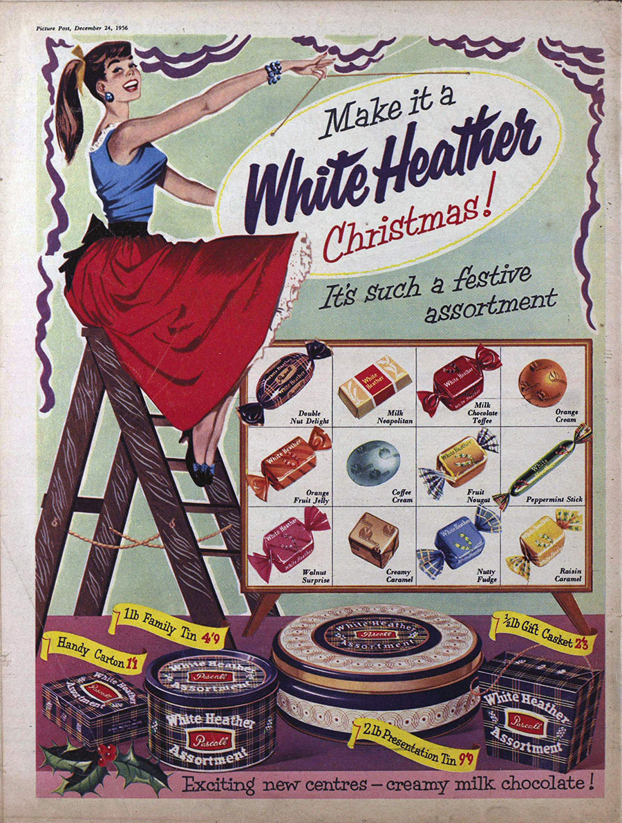 Forget #Celebrations or #QualityStreet. Back in 1956, White Heathers were the chocolate of choice. See how they compare to your favourite #Christmas assortment with this colourful Picture Post advert.