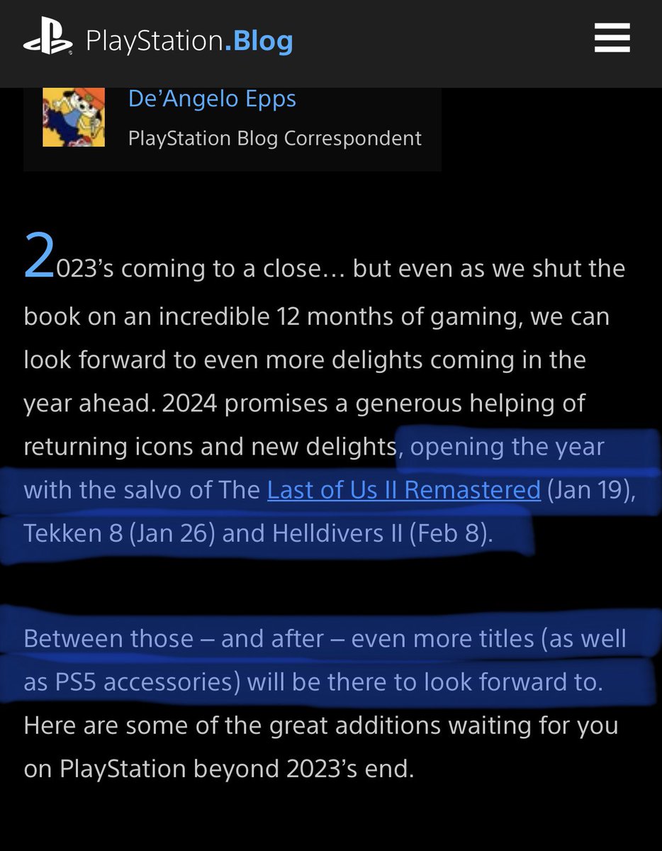 stoicmuscle's tweet photo. PlayStation Blog puts the ‘PS 2024 will be dry narrative to bed’. States “Between those—and after—even more titles… will be there to look forward too” ALSO confirms Stellar Blade will be dropping in 2024. Very excited! #ps5 #stellarblade #playstationblog #PlayStation5 #gaming https://t.co/Pt57VjqZph