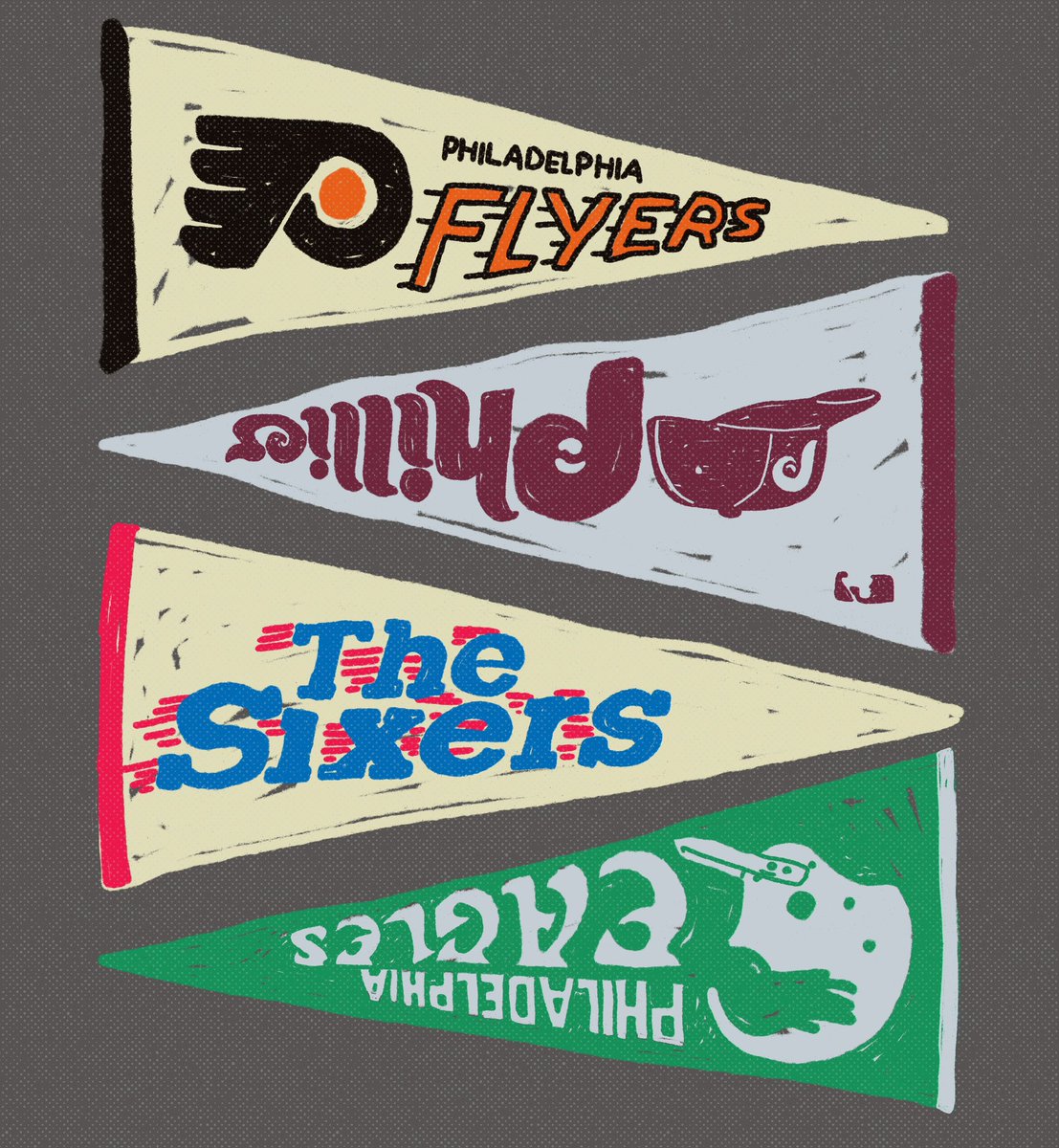 Pennant print. Illustrated by me. #RingTheBell #HereTheyCome #FlyEaglesFly @Phillies @Eagles @sixers @NHLFlyers