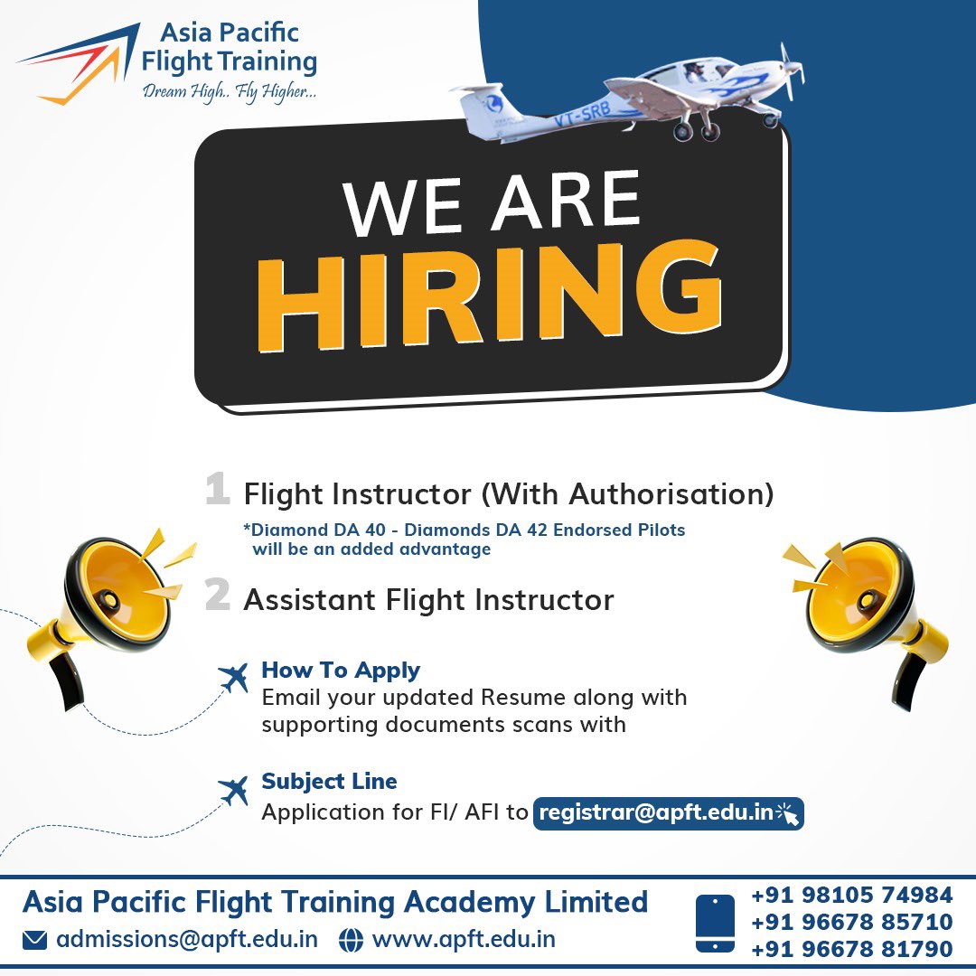 WE ARE HIRING ✈️ 1. Flight Instructor (With Authorisation) 2. ⁠Assistant Flight Instructor How To Apply: Email your updated Resume along with supporting documents scans with Subject Line: Application for FI/ AFI to registrar@apft.edu.in #HIRINGNOW #aviation