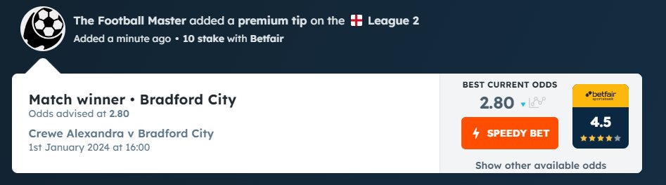 T_Foot_Master's tweet image. "Thursday's Bet of The Day "    
1 January / English League 2 
 Crewe Alexandra vs Bradford City
Bradford City to win @ 2.80 @ betfair  

#FreePick #BOTD like retweet appreciated.