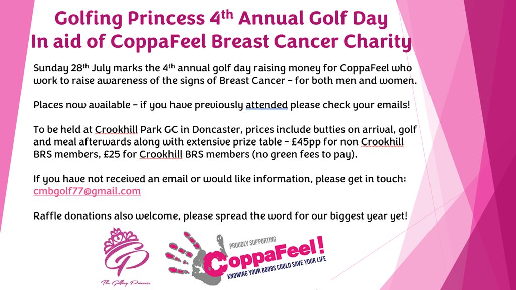 Afternoon All
Information out now on the 4th Annual CoppaFeel Cup Golf Day - see poster below and get in touch!  
@golfmatestravel <a href="/Golf_Mates_/">GOLF MATES</a> <a href="/GolfTheLakesUK/">Golfing The Lakes UK</a>
