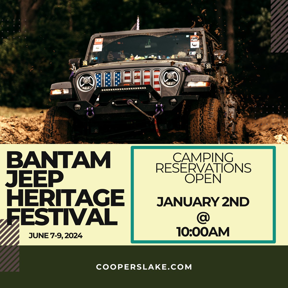 open Jan. 2,2024 @ 10:00am! Camping reservations for the Bantam Jeep Heritage Festival can only be made through our website: cooperslake.com

#beatbantam #jeep #itsajeepthing #summerfun #summerfestival #cooperslake #butlercountypa