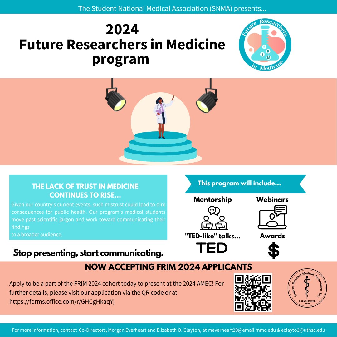 Applications are open for the 2024 Future Researchers in Medicine! Submit the form by Jan. 14 at: forms.office.com/r/GHCgHkaqYj #SNMA #BlackInMedicine #MinoritiesInMedicine #DiamondsInMedicine #StudentDoctors #research #DiversifyMedicine #SNMAExcellence