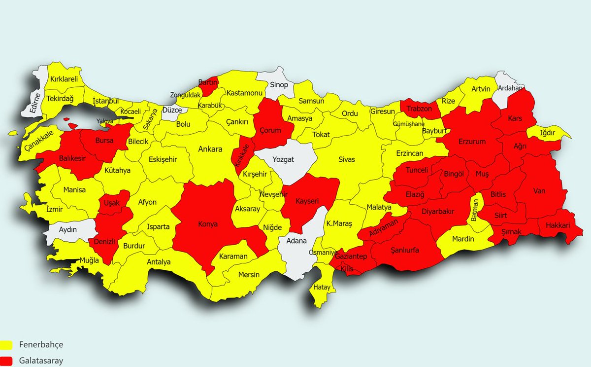💻 İnternet üzerinden yapılan, ''Hangi İl'de hangi takımın taraftarı daha fazla?" anketinde son durum.

🟡 Fenerbahçe

🔴 Galatasaray

⚪️ Beşiktaş
