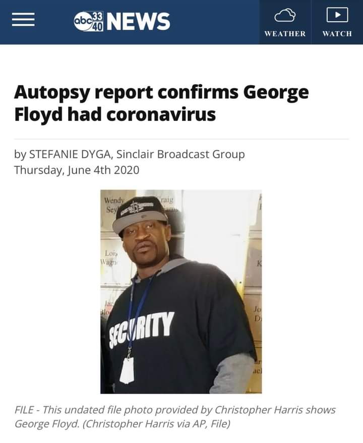 Officer Derek Chauvin is a political prisoner and leftists are terrorists.
George Floyd had the Coronavirus when he died