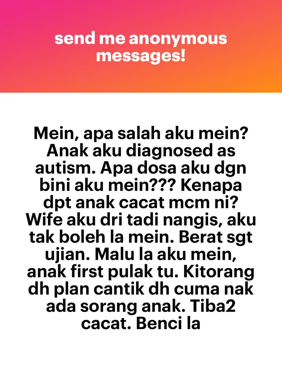 meinmokhtar's tweet photo. Bang jangan cakap cmtu. Autism bukan cacat. Hm. Boleh laa start support group. Dekat fb banyak. Mmg ada kad oku. Nnt dia dah ok membesar, kad tu boleh return balik tak salah. Ubah perspective. https://t.co/2YgjiaA2V5