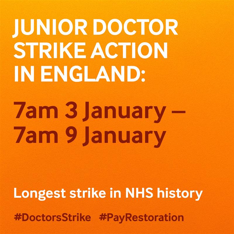 Our next round of #DoctorsStrike action in England starts at 7am on 3 January until 7am on 9 January. Junior doctors should not attend any shifts starting after 6.59am on 3 January up until shifts starting after 6.59am on 9 January. See full guidance 👇 bma.org.uk/our-campaigns/…