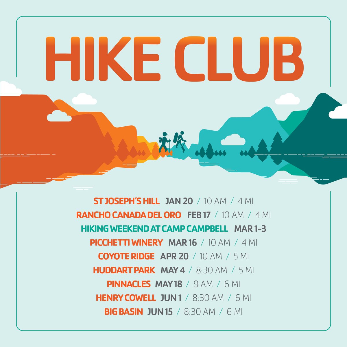 Mark your 2024 calendar, and plan to hit trails with Hike Club! Open to all YMCA of Silicon Valley members. To register: Visit ow.ly/LWNX50Qmcn1 - Log-In to your account, Locate Date/Event, Click to Register