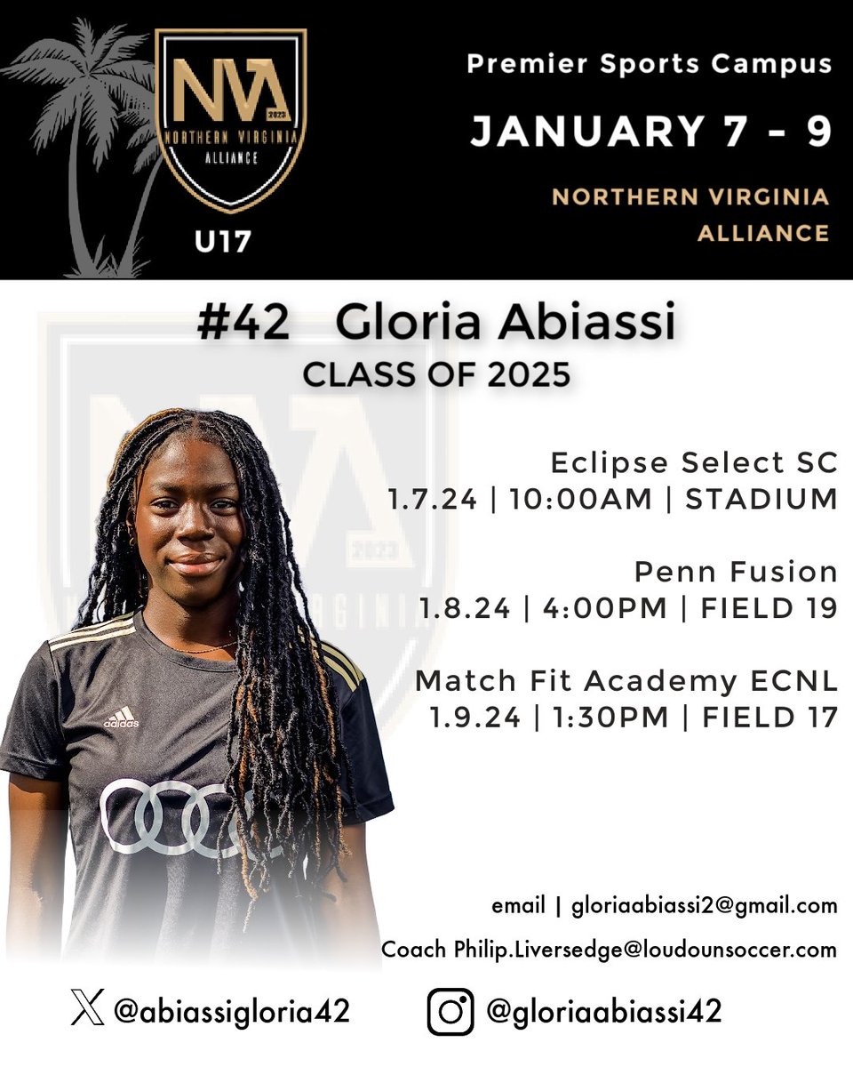 Gloria Abiassi (@abiassigloria42) on Twitter photo New year, New challenges! Please come watch my team <a href="/AllianceECNL07/">Northern Virginia Alliance ECNL 2007</a> and I during the #Florida <a href="/ECNLgirls/">ECNL Girls</a> showcase. #uncommitted
<a href="/TheSoccerWire/">SoccerWire</a> <a href="/TopDrawerSoccer/">TopDrawerSoccer</a> <a href="/AScholarsBrand/">Athletic Scholars Brand Inc.</a> <a href="/NcsaSoccer/">NCSA Soccer</a> <a href="/ImYouthSoccer/">ECNL/GA/Recruiting/College Soccer</a> <a href="/ECNLMidNorth/">ECNL Mid Atlantic & North Atlantic</a> @SoccerMomInt <a href="/ImCollegeSoccer/">College Soccer Truth ™</a> New year, New challenges! Please come watch my team <a href="/AllianceECNL07/">Northern Virginia Alliance ECNL 2007</a> and I during the #Florida <a href="/ECNLgirls/">ECNL Girls</a> showcase. #uncommitted
<a href="/TheSoccerWire/">SoccerWire</a> <a href="/TopDrawerSoccer/">TopDrawerSoccer</a> <a href="/AScholarsBrand/">Athletic Scholars Brand Inc.</a> <a href="/NcsaSoccer/">NCSA Soccer</a> <a href="/ImYouthSoccer/">ECNL/GA/Recruiting/College Soccer</a> <a href="/ECNLMidNorth/">ECNL Mid Atlantic & North Atlantic</a> @SoccerMomInt <a href="/ImCollegeSoccer/">College Soccer Truth ™</a>