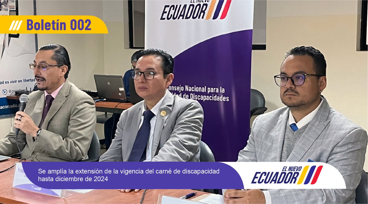 conadisecu's tweet photo. Se resuelve extender el plazo de vigencia del carné de discapacidad hasta el 31 de diciembre de 2024. 

📰 Lee el boletín completo aquí ➡️ https://t.co/FSxlRN3Gcl

#ElNuevoEcuador https://t.co/9rN3uCMOjm