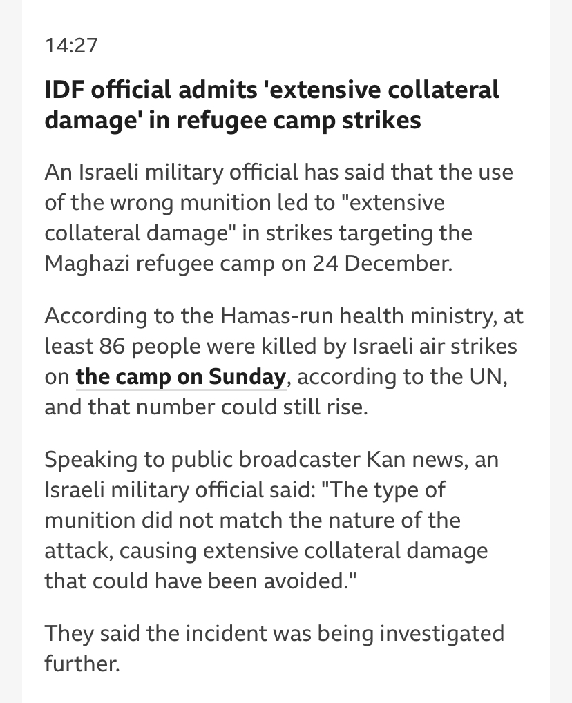 A week ago, the New York Times reported that Israel was using huge bombs in civilian areas not suited for their use. An IDF spokesman said such questions would only be looked at later. Now the IDF admits that it used the wrong munition in a strike on a refugee camp.