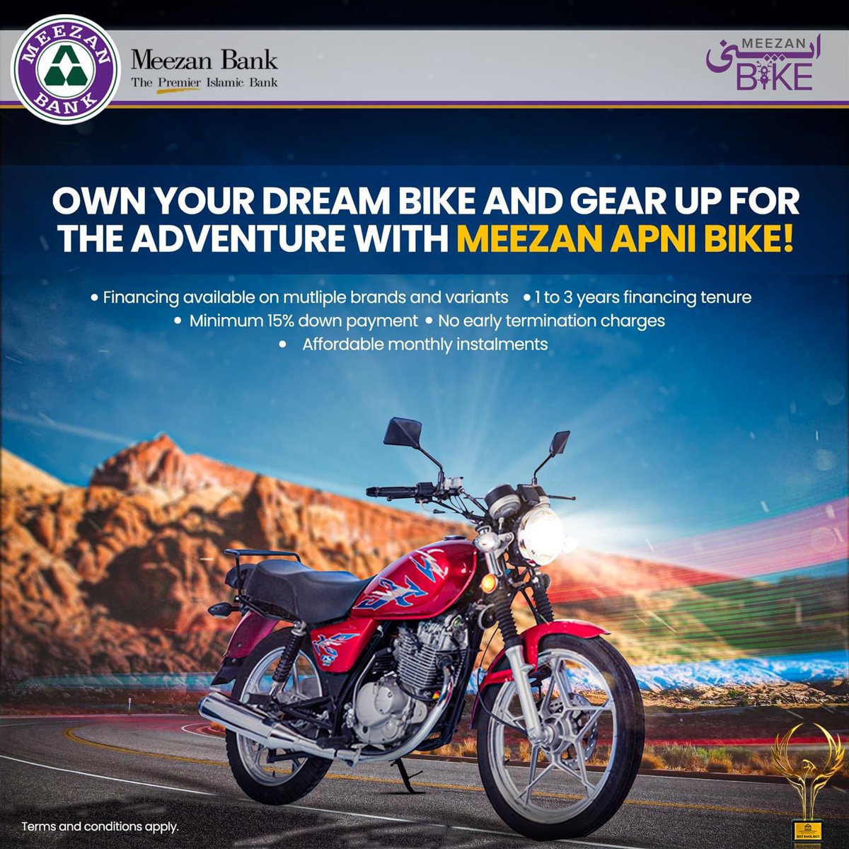 MeezanBankLtd's tweet photo. Finance your next motorcycle upgrade easily through Meezan Apni Bike!
For more information and to avail financing, visit your nearest Meezan Bank branch or visit: https://t.co/r2Dd09zZ2F
#MeezanBank #IslamicBanking #ApniBike #BikeFinancing https://t.co/oIJVh2uEIx