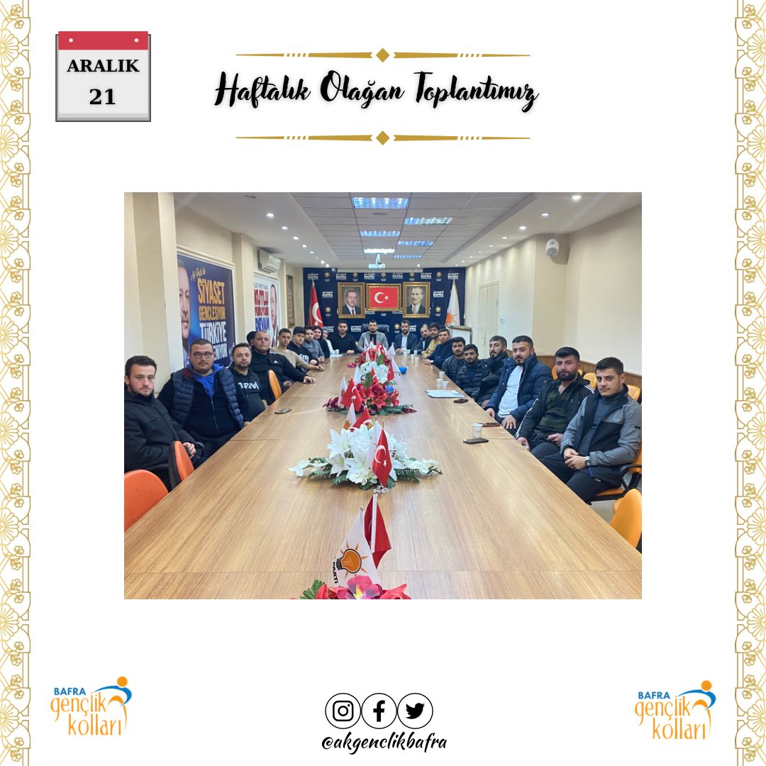 AkGenclikBAFRA's tweet photo. Haftalık olağan yönetim kurulu toplantımızı, Gençlik Kolları Başkanımız Doğan ÖNDER Başkanlığında gerçekleştirdik. Hayırlara vesile olması temennisiyle.

Recep Tayyip Erdoğan https://t.co/OQAiVdBDCf