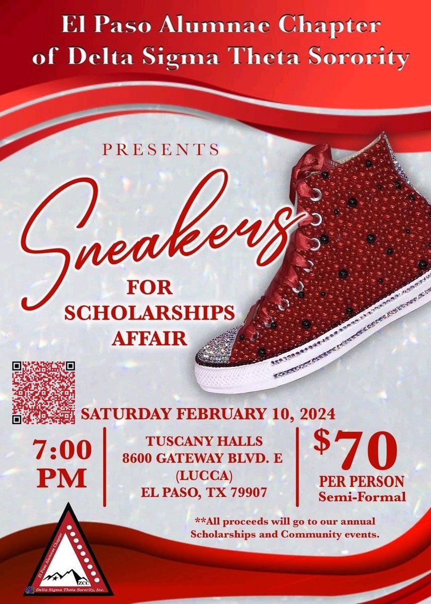 Help us raise funds for our Annual Scholarships! 

YOU DONT WANT TO MISS our Sneakers for Scholarships Affair!!  
Get your tickets while they last!! Scan the QR code for the link for digital tickets.  

#DST1913 #BlazingSouthwest #EPAC #Scholarships #ForwardWithFortitude