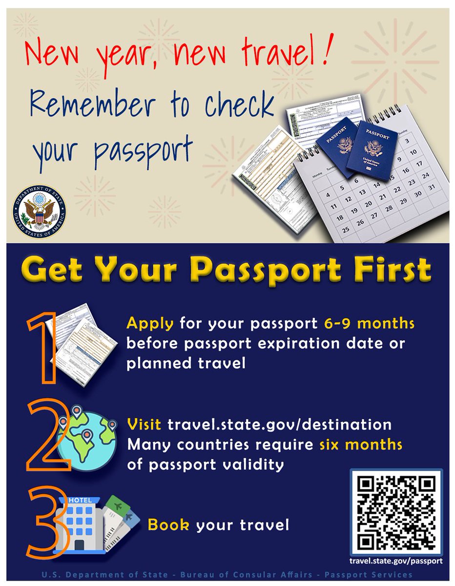 If you plan on travelling internationally this upcoming year, make sure your passport is valid! Many countries require 6 months of validity, and processing times are subject to change. To learn more about how to apply for or renew a passport, visit travel.state.gov/content/travel…