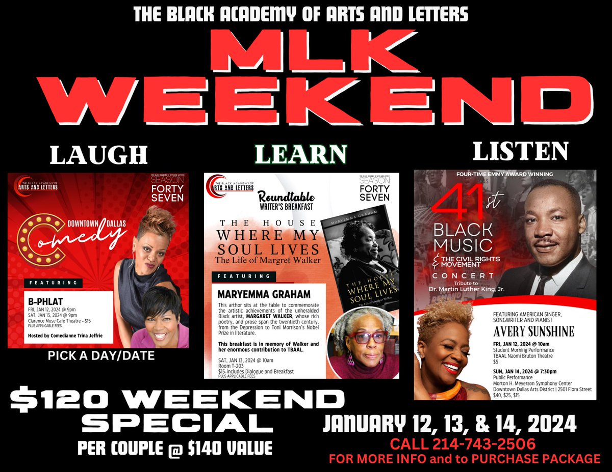 TBAAL's tweet photo. You are invited to a packed MLK Weekend at TBAAL!

HERE'S WHAT YOU CAN EXPECT:
- 7,200 seconds of original comedy 
- Elevated literary conversation 
- Avery Sunshine &amp; TBAAL's 100 Voice Concert Choir 

INFO &amp; PURCHASE:
Call - 214.743.2506
Email - audiencedevelopment@tbaal.org https://t.co/LkqisWzJga