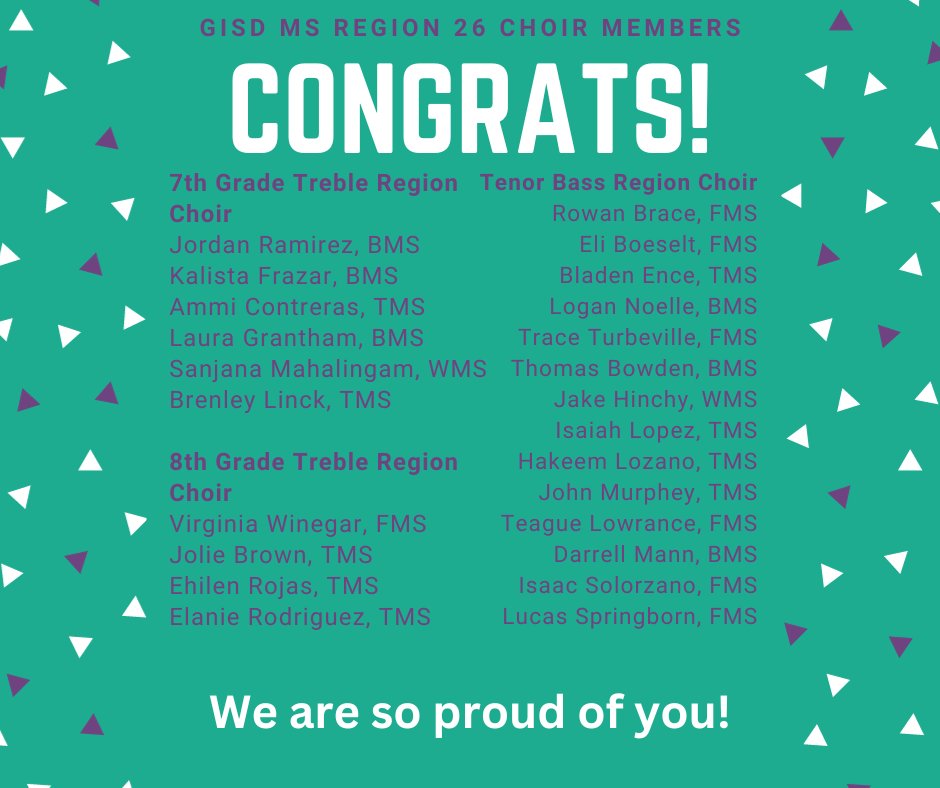 Middle School Choir members develop self-knowledge and personal responsibility through their experiences in Choir. It takes courage to audition for region choir - and it requires a lot of preparation, dedication, and skill too. #musiceducation #futureready #WeAreGISD