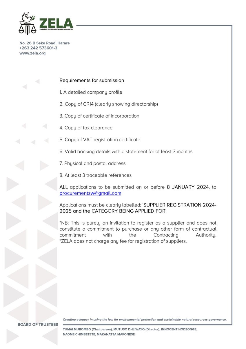 We  are inviting applications from interested companies, organizations, and  individuals for pre-qualification for the 2024/2025 supplier database  registration.

The deadline for submission  of applications is 8 January  2024.

More details are available here: