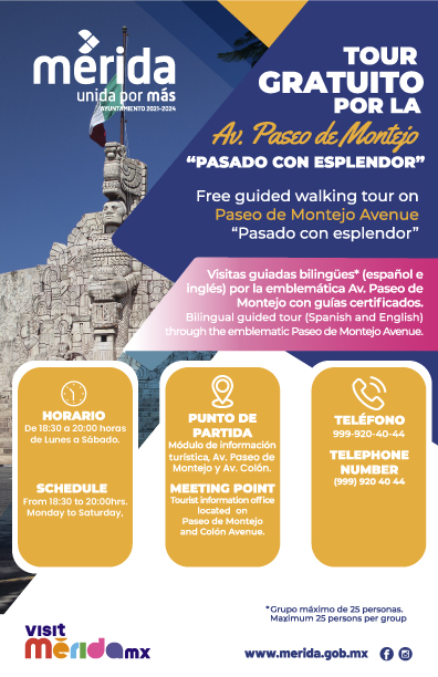 ¡Es hora de pasear la avenida más icónica de Mérida!🚶‍♀️🏛

"Montejo, Historia con Esplendor" es un recorrido gratuito por casonas y monumentos históricos. }
De lunes a sábado a las 06:30 pm, inicia en el módulo turístico en Av. Paseo de Montejo, esq. con Av. Colón.

¡Te esperamos!