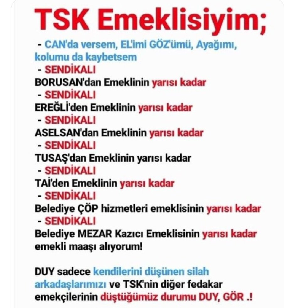 EM.ASSB LAR OLARAK GEÇİNEMİYORUZ, 18 YILDIR SÖZ VERDİĞİNİZ TÜM HAKLARIMIZI İSTİYORUZ. TAZMİNAT VE MAAŞ BAĞLAMA ORANLARINDA DÜZENLEME #varmıyokmu ARTIK YETER TSK DE AYRIMCILIĞA SON VERİN. #AstsubaylaraTazminat @tcsavunma @temadankara @RTErdogan