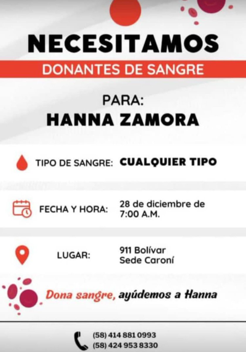 M_Cristinav93's tweet photo. Se requiere con carácter de urgencia donantes de sangré de cualquier tipo para Hanna. Puerto Ordaz.📍 Por favor comunicarse con los NRO adjuntos en la imagen y dar RT.🥹🙏🏾 https://t.co/0eJZ1ii0uE