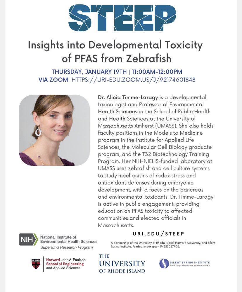 steepsuperfund's tweet photo. Join us for a seminar on January 19th at @URIGSO from Dr. Alicia Timme-Laragy! Zoom link provided on our insta story on the day! #pfas #superfund #niehs #toxicology #steep #nih https://t.co/9kXGZaGf4w