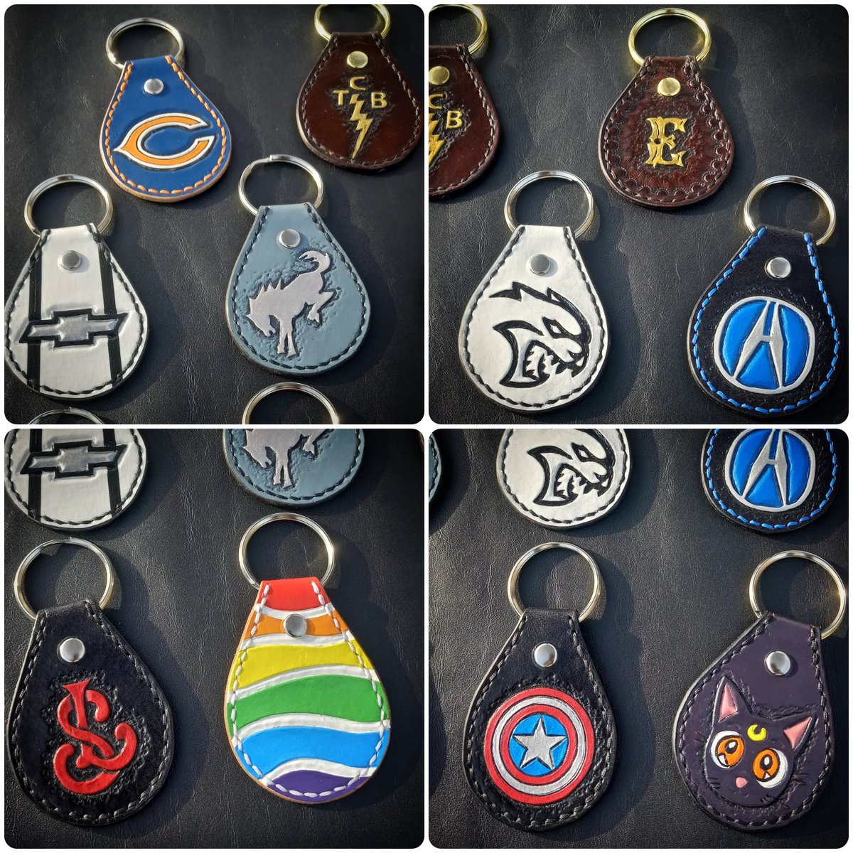 kgsleather's tweet photo. Leather keychains for friends/family and local softball team that went out as gifts/stocking stuffers this year. All tooled, dyed/painted, and sewn by hand. My books for 2024 are now open for custom commissions so please get in touch if you want something rad made. Thanks! https://t.co/5fWOm9YRk5