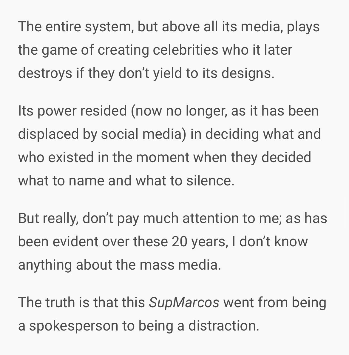 “The entire system, but above all its media, plays the game of creating celebrities who it later destroys if they don't yield to its designs.”–Subcomandante Marcos (link: enlacezapatista.ezln.org.mx/2014/05/27/bet… h/t @quiquivix)