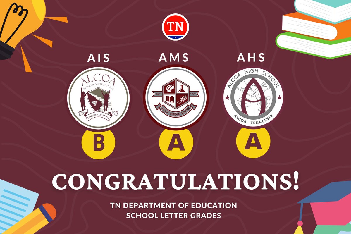 AlcoaSchools's tweet photo. The Tennessee Department of Education has released its letter grade scores. We are thrilled to announce our outstanding ratings! AIS=B, AMS=A, AHS=A. Learn more about this rating by clicking the article link. https://t.co/Oqr7IEolFt https://t.co/34Ro6wnrXQ