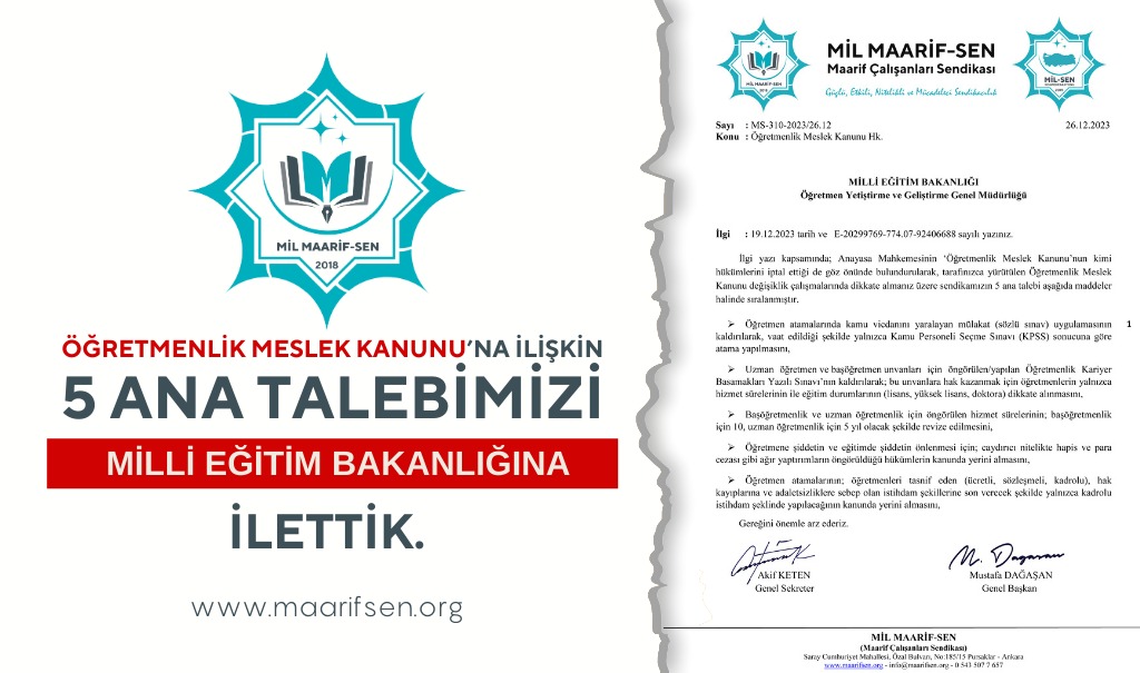 maarifim's tweet photo. ÖĞRETMENLİK MESLEK KANUNU DEĞİŞİKLİK ÇALIŞMALARINDA DİKKATE ALINMAK ÜZERE 5 ANA TALEBİMİZİ MEB'E İLETTİK.

 #MaarifSen #MilSen @msmdgsn
@Yusuf__Tekin @tcmeb @mebimdestek 
https://t.co/siEZLedZKz… https://t.co/fJ0iTlr70p