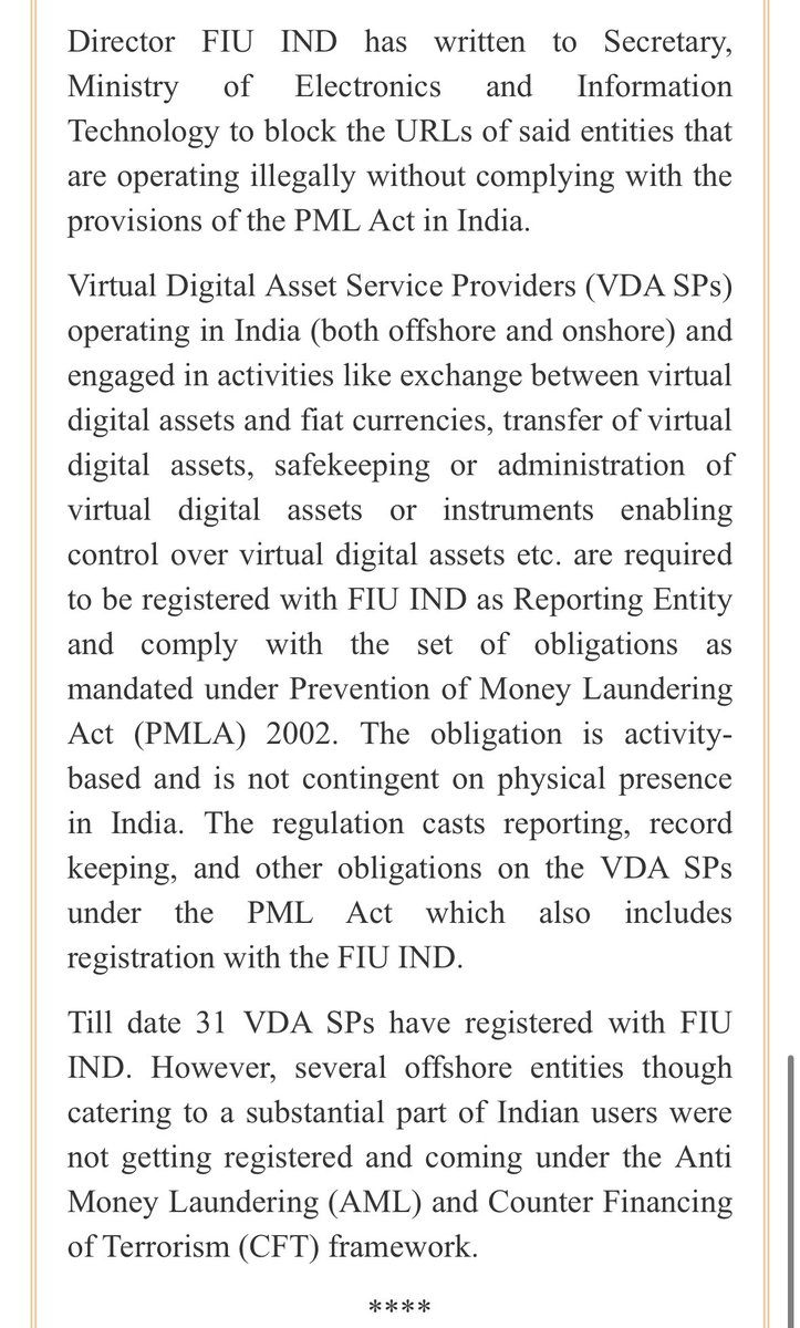 BREAKING UPDATE FROM INDIA AGAINST CRYPTO EXCHANGES : 

Financial Intelligence Unit India (FIU IND) issues compliance Show Cause Notices to nine crypto exchanges. 

Including BINANCE, Kucoin, Huobi, Kraken, Gate io, Bittrex, Bitstamp, Mexc Global, Bitfinex