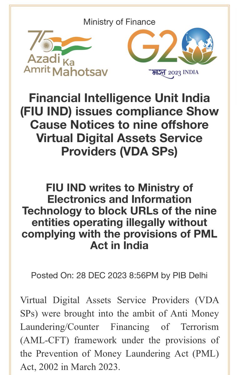 CryptooIndia's tweet photo. BREAKING UPDATE FROM INDIA AGAINST CRYPTO EXCHANGES : 

Financial Intelligence Unit India (FIU IND) issues compliance Show Cause Notices to nine crypto exchanges. 

Including BINANCE, Kucoin, Huobi, Kraken, Gate io, Bittrex, Bitstamp, Mexc Global, Bitfinex https://t.co/K5nMiKUPKg