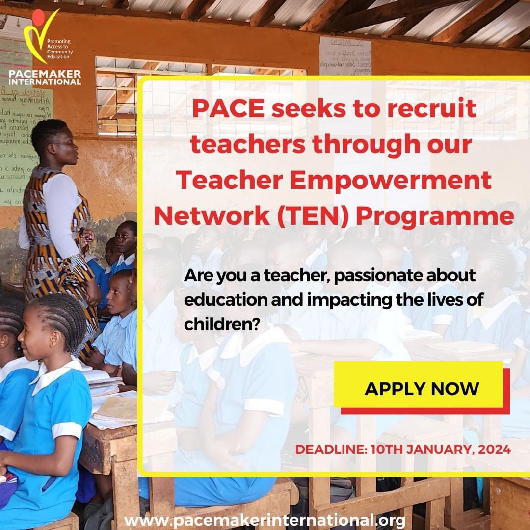 MativoMJohn's tweet image. #Readvertisement
PACE seeks to recruit and engage young newly graduated primary school teachers to work in underserved primary schools in Kenya under its Teacher Empowerment Network (TEN) Programme.

Kindly fill in this application form: docs.google.com/forms/d/e/1FAI…