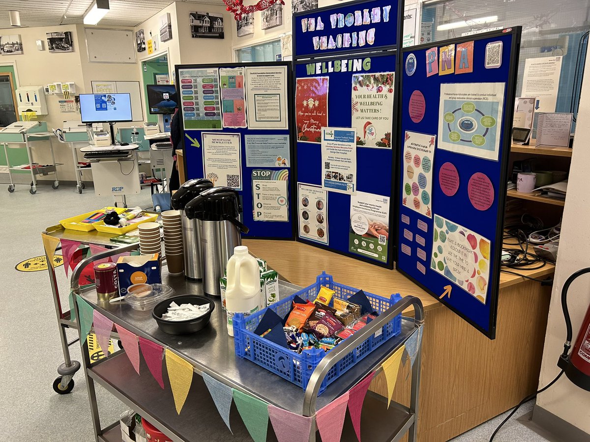 Surgery’s Tea Trolley Teaching focused on the health and wellbeing of our staff today. Highlighting the support available from @GEH_SWFT_HWB, as well as the trust PNAs and their role. Refreshments, resources and some time out to prioritise our staff!