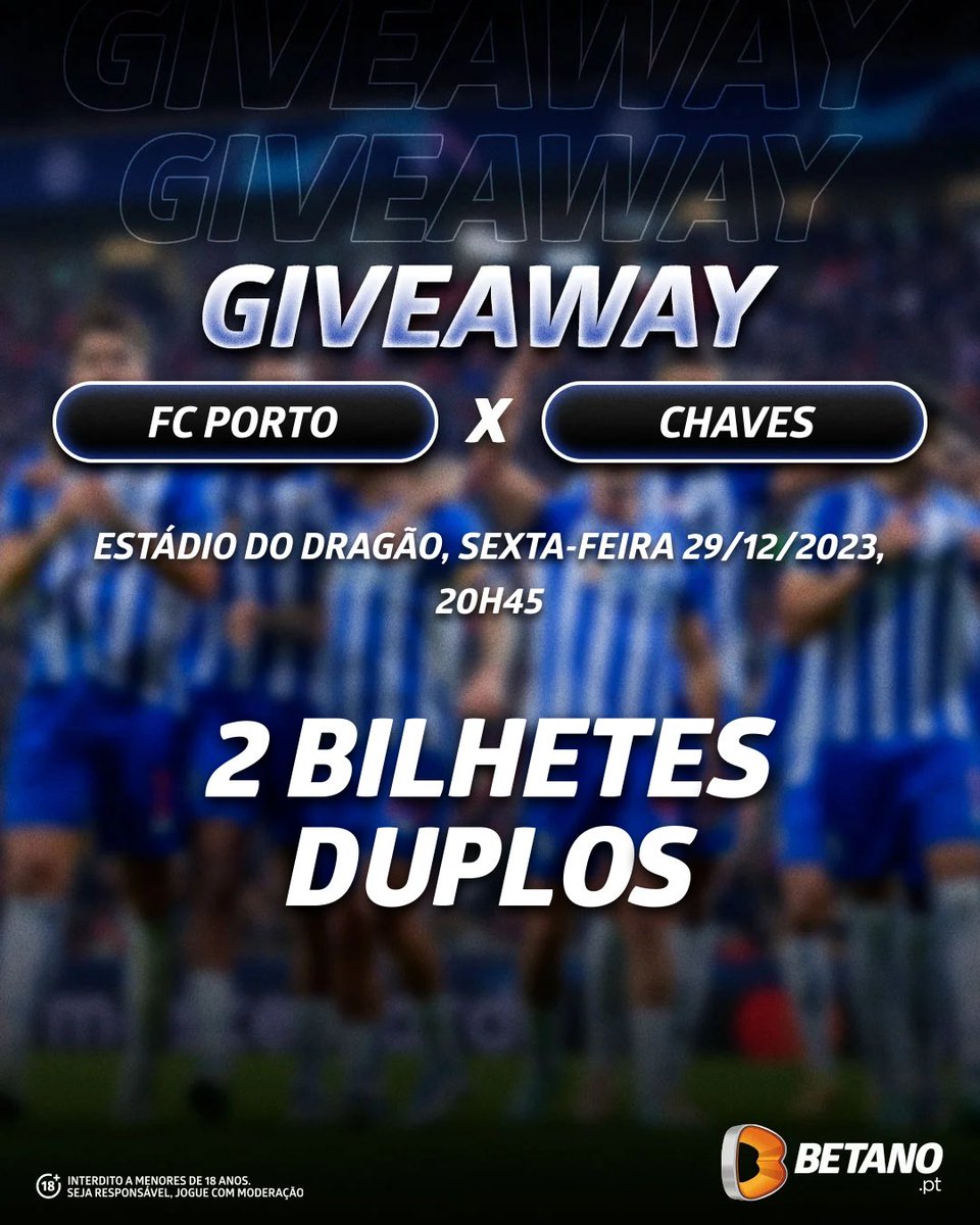 DragaoNews1893's tweet photo. 🚨 𝗙𝗟𝗔𝗦𝗛 𝗚𝗜𝗩𝗘𝗔𝗪𝗔𝗬 🚨

𝟮 𝘽𝙞𝙡𝙝𝙚𝙩𝙚𝙨 𝘿𝙪𝙥𝙡𝙤𝙨 para o #FCPorto 🆚 GD Chaves! 🤩

Requisitos:
1️⃣ Seguir a @Betano_PT
2️⃣ Seguir a @DragaoNews1893
3️⃣ Retweet
4️⃣ Identificar um amigo

⚠️ O sorteio termina hoje às 22h! https://t.co/iSY9PEFVDJ