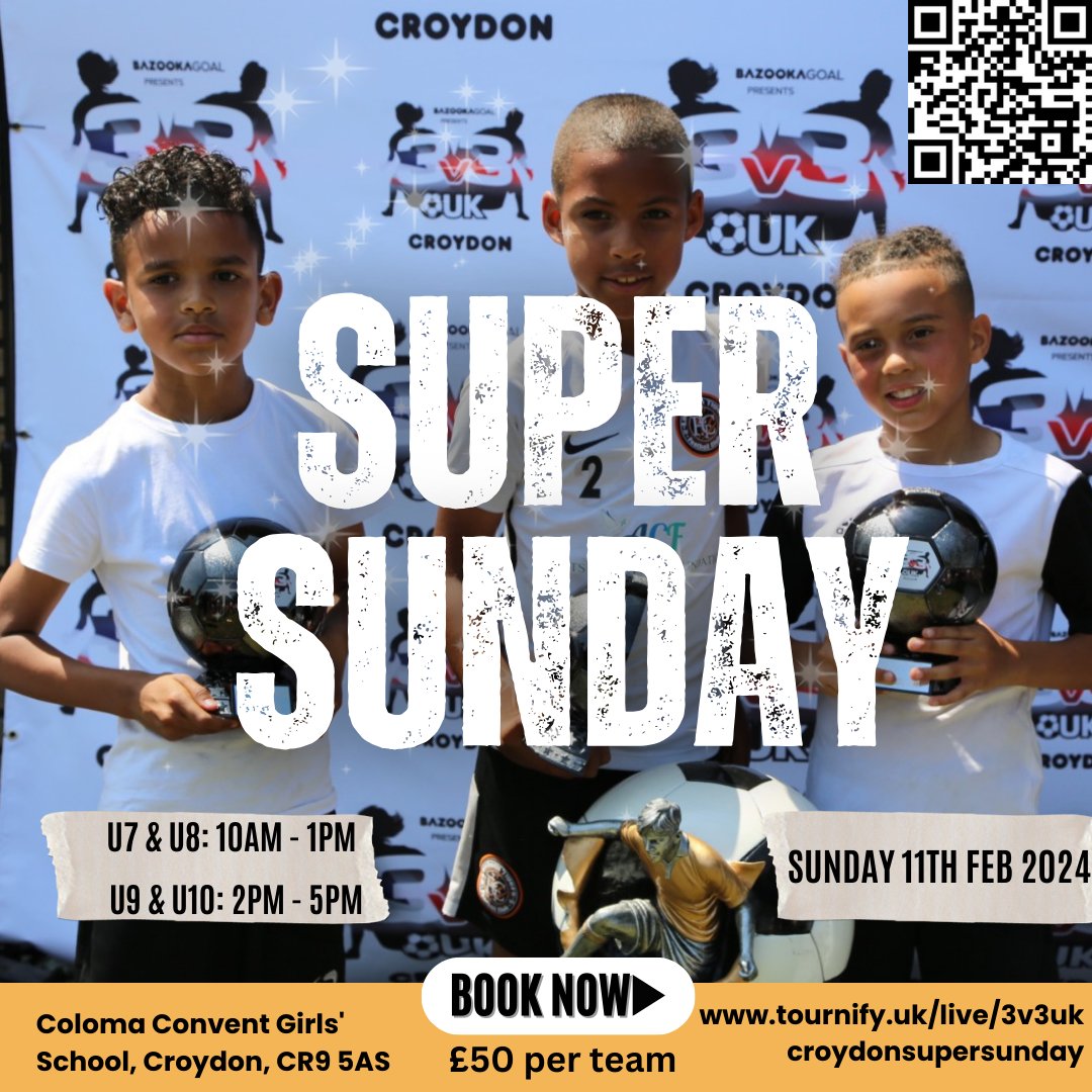 Join us for our first 'SUPER SUNDAY' 3v3 Tournament.

Half term week, which for most will mean no grassroot development games in your local leagues.

Get your touches in with 3v3.

Maximum 5 players per team.

*Discount for 2 teams available*

DM for more info.