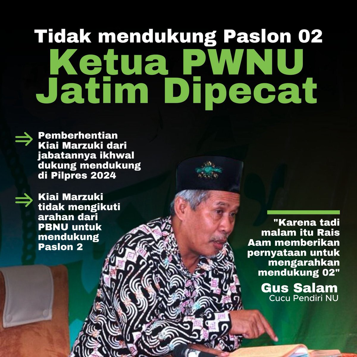 dewiml6's tweet photo. Jika benar ini alasan pemecatan Kyai Marzuki Mustamar, maka sungguh sangat disesalkan. Setiap warga  secara personal memiliki hak utk menentukan pilihan politik masing2 dan mengekspresikan pilihan politiknya.

#savekyaimarzuki 
#konspirasikeji 
#savenahdlatululama https://t.co/7rAvwEu4iv