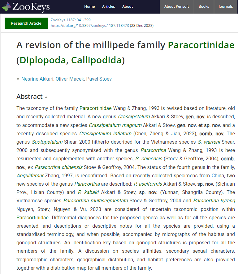 Pensoft's tweet photo. 🆕>50-page revision of the #millipede family Paracortinidae just published in the "Global #taxon reviews" collection in our @ZooKeys_Journal!🎉

👀Reminder that eligible manuscripts benefit from #noAPCs!
ℹ️ More info: https://t.co/FA5YrQYwaR
#biodiversity #taxonomy #OpenAccess https://t.co/ygGPlLfBQL