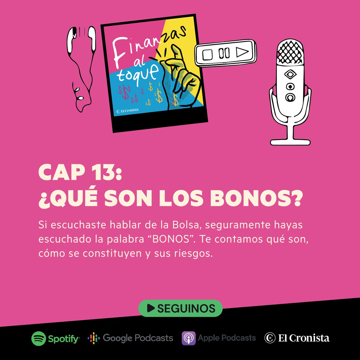 Cronistacom's tweet photo. 💵 ¿Qué son los Bonos? 
 
👉 En el capítulo de hoy de #FinanzasAlToque te contamos qué son los bonos, cómo se constituyen y cuáles son sus riesgos. 

🎧 Escuchalo ahora: https://t.co/ILvZBbSLYL